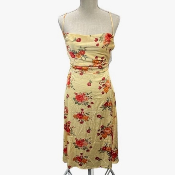 Danielle Bernstein Golden Hour Yellow Red Floral Tie Back Satin Dress NWOT XS - Picture 8 of 16